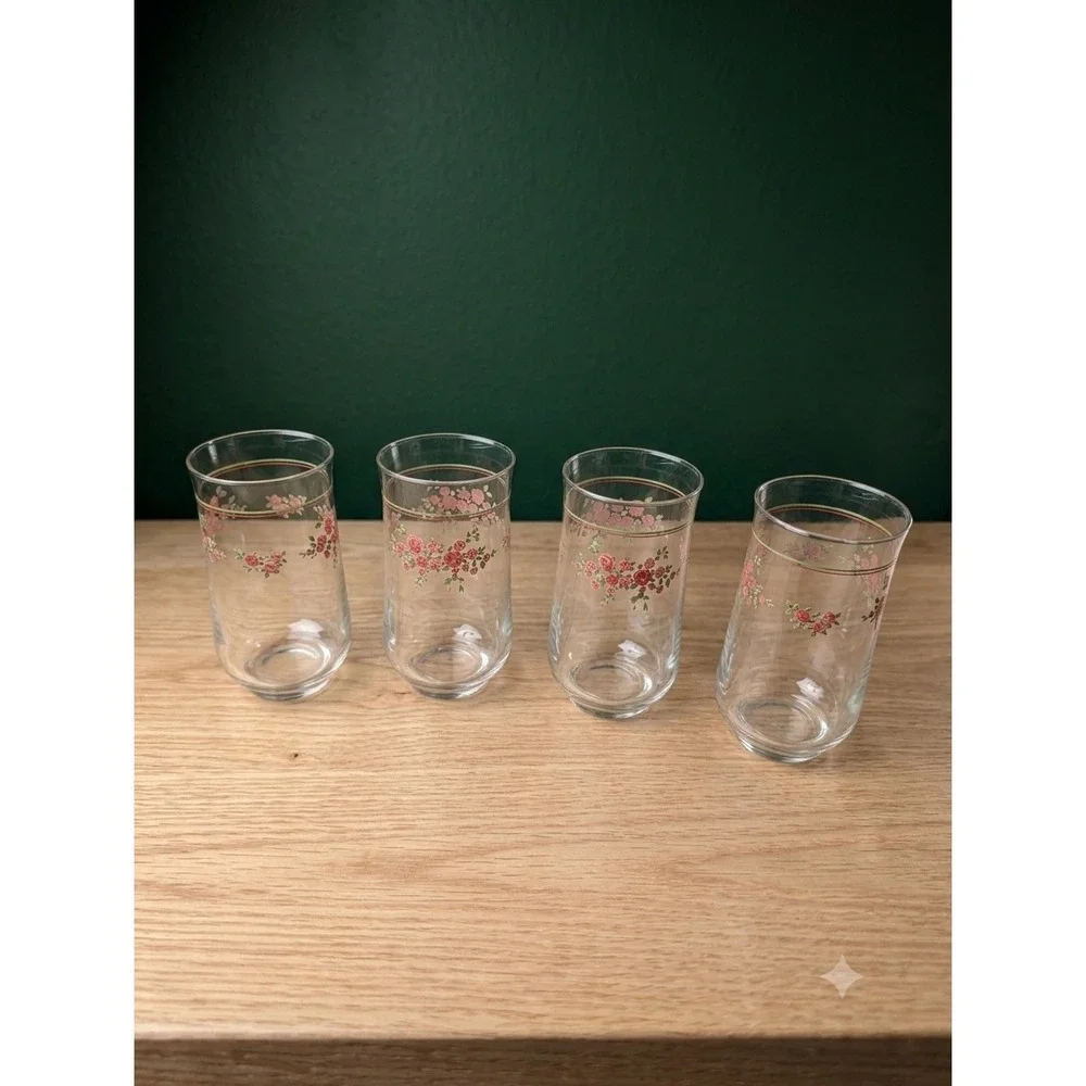 Vintage MCM Libby Pink Rose Floral Tumblers - Set of 4